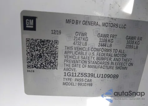 2020 Chevrolet Impala Fwd Lt z USA, uszkodzony, nr VIN 1G11Z5S39LU109089